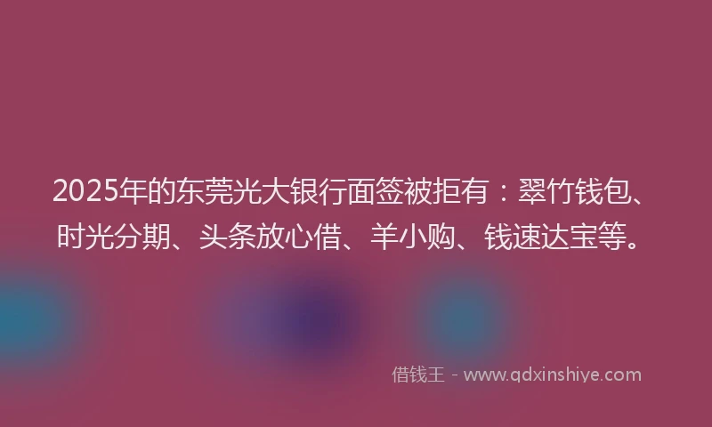 2025年的东莞光大银行面签被拒有：翠竹钱包、时光分期、头条放心借、羊小购、钱速达宝等。