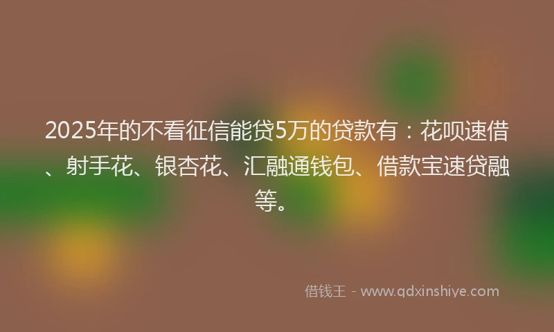 2025年的不看征信能贷5万的贷款有：花呗速借、射手花、银杏花、汇融通钱包、借款宝速贷融等。