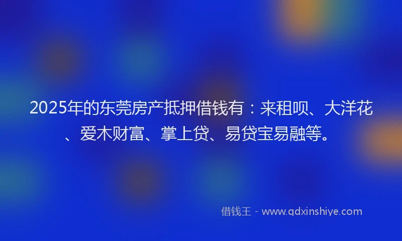 2025年的东莞房产抵押借钱有：来租呗、大洋花、爱木财富、掌上贷、易贷宝易融等。