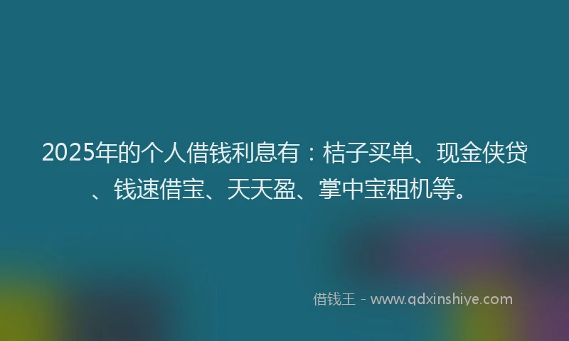 2025年的个人借钱利息有：桔子买单、现金侠贷、钱速借宝、天天盈、掌中宝租机等。