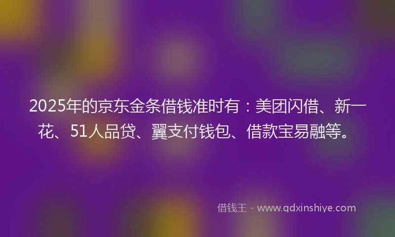 2025年的京东金条借钱准时有：美团闪借、新一花、51人品贷、翼支付钱包、借款宝易融等。