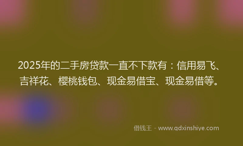 2025年的二手房贷款一直不下款有：信用易飞、吉祥花、樱桃钱包、现金易借宝、现金易借等。