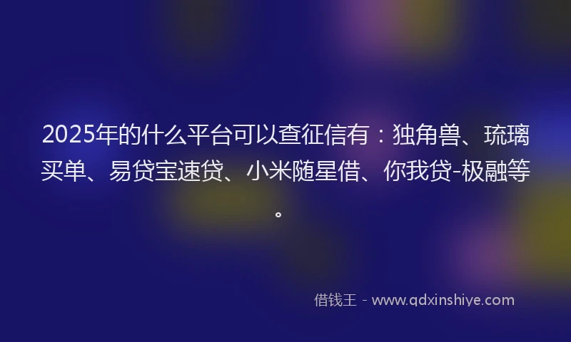 2025年的什么平台可以查征信有：独角兽、琉璃买单、易贷宝速贷、小米随星借、你我贷-极融等。