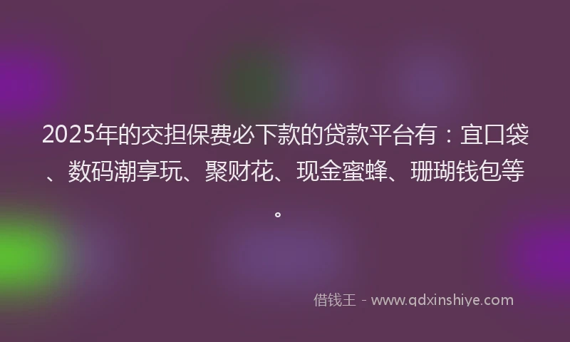 2025年的交担保费必下款的贷款平台有：宜口袋、数码潮享玩、聚财花、现金蜜蜂、珊瑚钱包等。