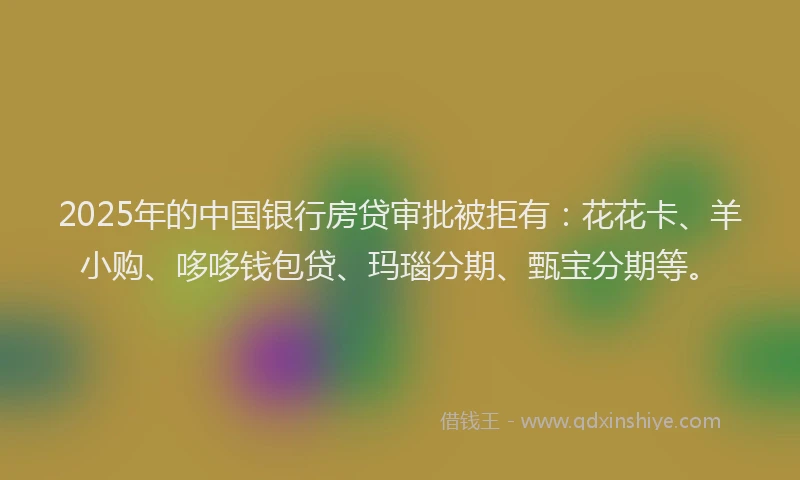 2025年的中国银行房贷审批被拒有：花花卡、羊小购、哆哆钱包贷、玛瑙分期、甄宝分期等。
