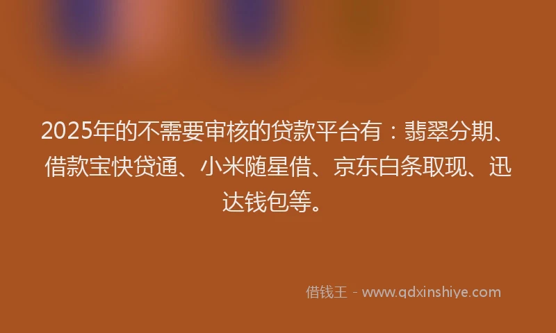 2025年的不需要审核的贷款平台有：翡翠分期、借款宝快贷通、小米随星借、京东白条取现、迅达钱包等。