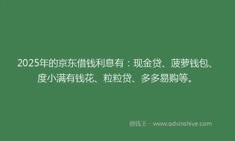 2025年的京东借钱利息有：现金贷、菠萝钱包、度小满有钱花、粒粒贷、多多易购等。