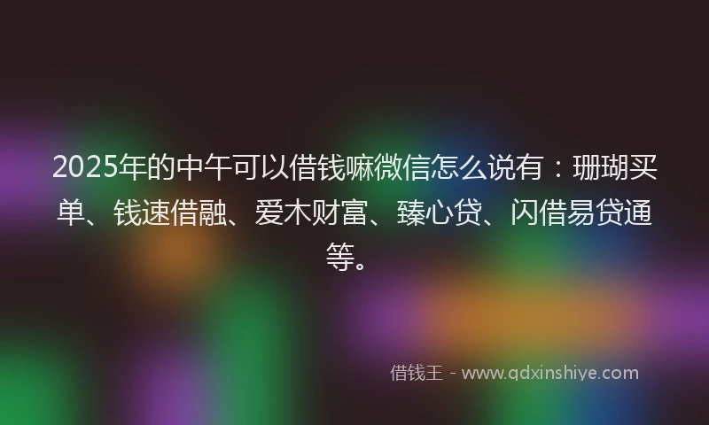 2025年的中午可以借钱嘛微信怎么说有：珊瑚买单、钱速借融、爱木财富、臻心贷、闪借易贷通等。