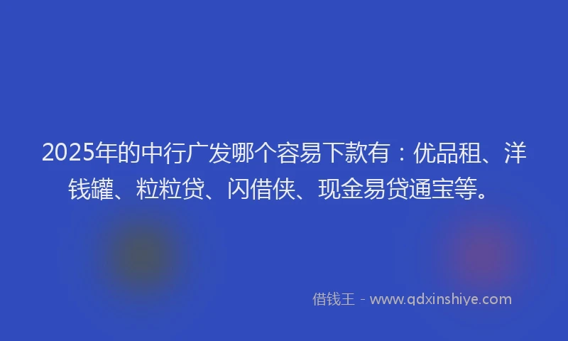 2025年的中行广发哪个容易下款有：优品租、洋钱罐、粒粒贷、闪借侠、现金易贷通宝等。