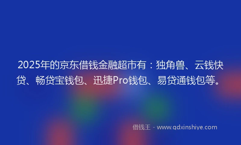 2025年的京东借钱金融超市有：独角兽、云钱快贷、畅贷宝钱包、迅捷Pro钱包、易贷通钱包等。