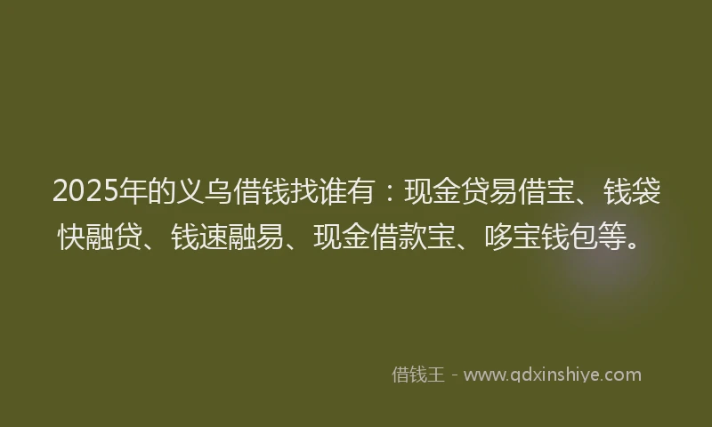 2025年的义乌借钱找谁有：现金贷易借宝、钱袋快融贷、钱速融易、现金借款宝、哆宝钱包等。
