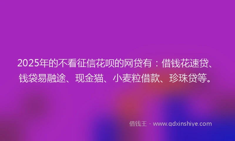 2025年的不看征信花呗的网贷有：借钱花速贷、钱袋易融途、现金猫、小麦粒借款、珍珠贷等。