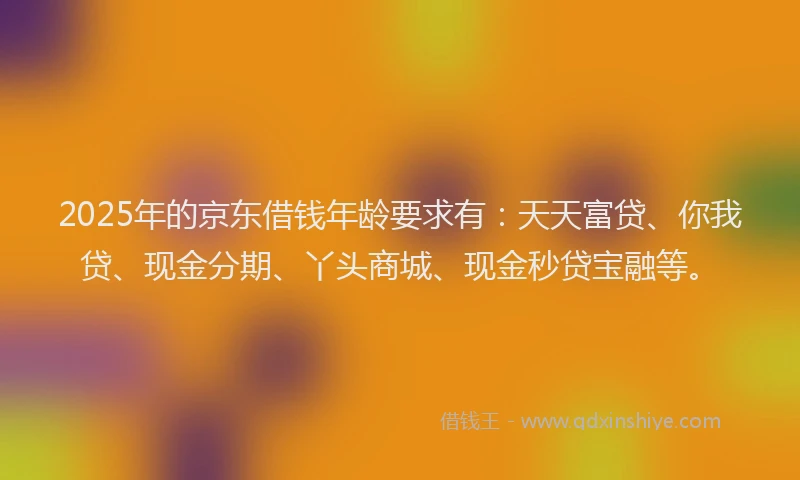 2025年的京东借钱年龄要求有：天天富贷、你我贷、现金分期、丫头商城、现金秒贷宝融等。