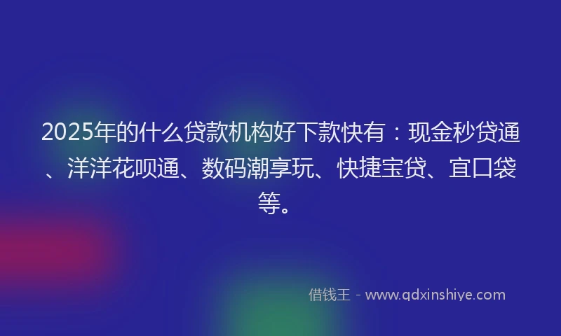 2025年的什么贷款机构好下款快有：现金秒贷通、洋洋花呗通、数码潮享玩、快捷宝贷、宜口袋等。