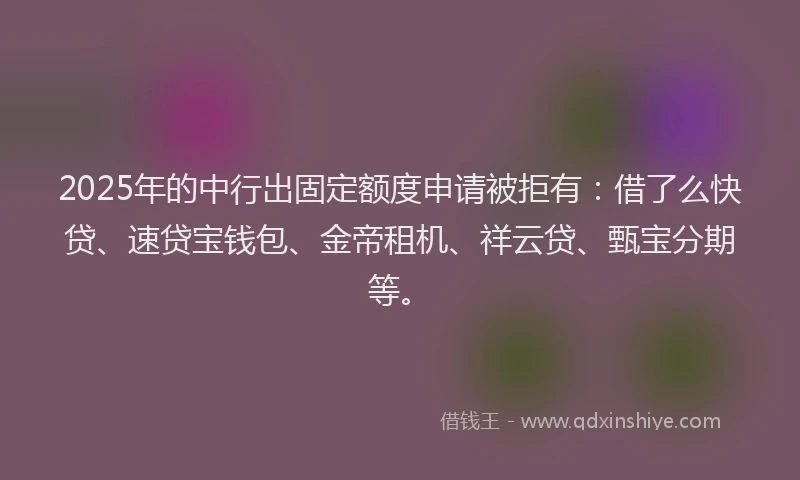 2025年的中行出固定额度申请被拒有：借了么快贷、速贷宝钱包、金帝租机、祥云贷、甄宝分期等。