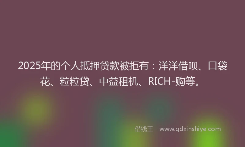 2025年的个人抵押贷款被拒有：洋洋借呗、口袋花、粒粒贷、中益租机、RICH-购等。