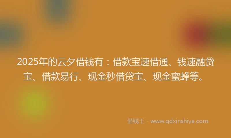 2025年的云夕借钱有：借款宝速借通、钱速融贷宝、借款易行、现金秒借贷宝、现金蜜蜂等。