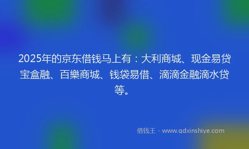 2025年的京东借钱马上有：大利商城、现金易贷宝盒融、百樂商城、钱袋易借、滴滴金融滴水贷等。