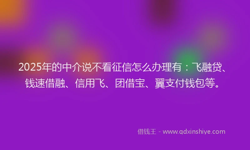 2025年的中介说不看征信怎么办理有：飞融贷、钱速借融、信用飞、团借宝、翼支付钱包等。