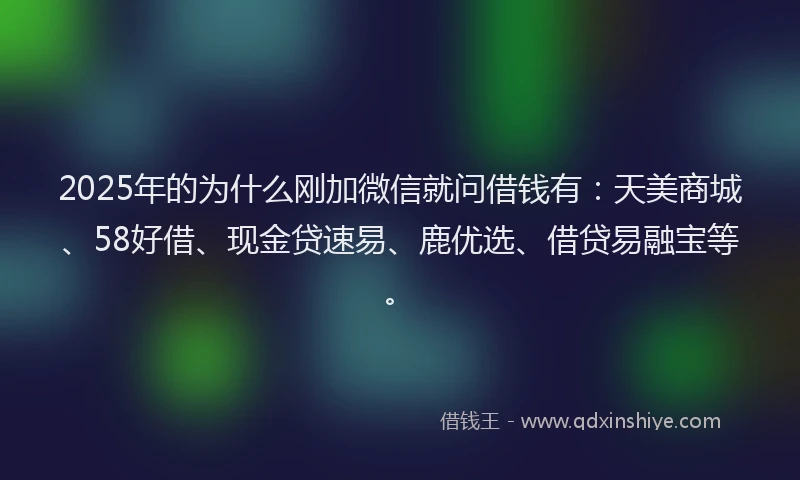 2025年的为什么刚加微信就问借钱有：天美商城、58好借、现金贷速易、鹿优选、借贷易融宝等。