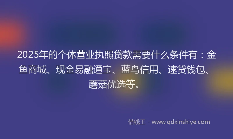2025年的个体营业执照贷款需要什么条件有：金鱼商城、现金易融通宝、蓝鸟信用、速贷钱包、蘑菇优选等。
