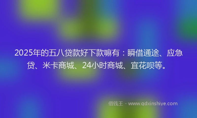 2025年的五八贷款好下款嘛有：瞬借通途、应急贷、米卡商城、24小时商城、宜花呗等。
