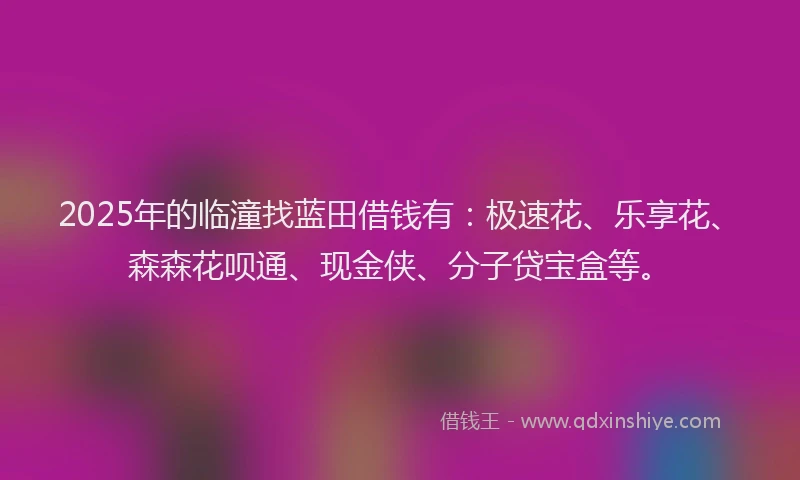2025年的临潼找蓝田借钱有：极速花、乐享花、森森花呗通、现金侠、分子贷宝盒等。