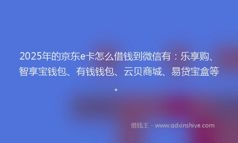 2025年的京东e卡怎么借钱到微信有：乐享购、智享宝钱包、有钱钱包、云贝商城、易贷宝盒等。