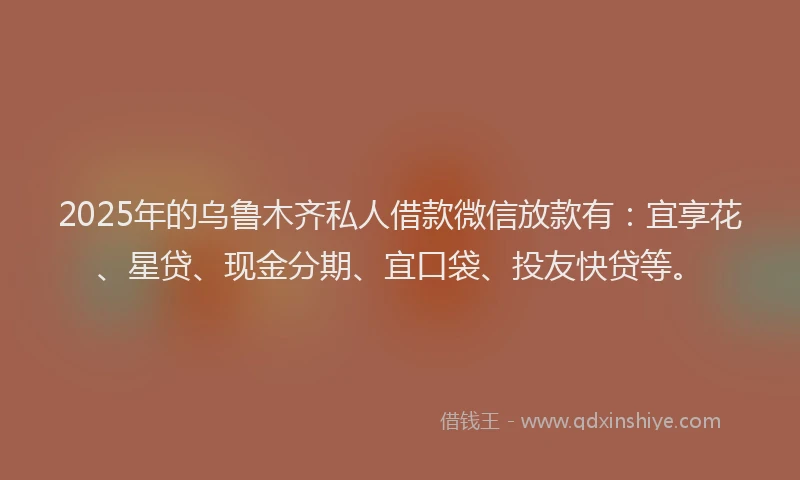2025年的乌鲁木齐私人借款微信放款有：宜享花、星贷、现金分期、宜口袋、投友快贷等。