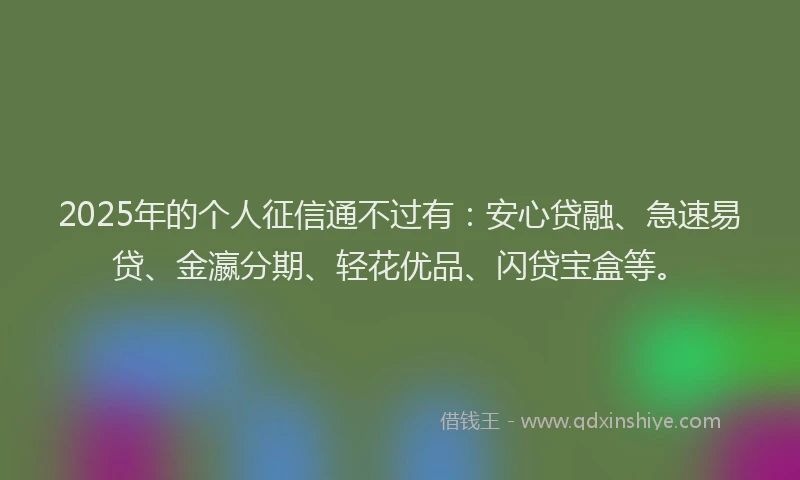 2025年的个人征信通不过有：安心贷融、急速易贷、金瀛分期、轻花优品、闪贷宝盒等。