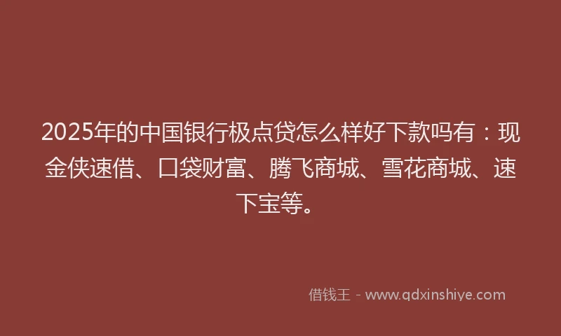 2025年的中国银行极点贷怎么样好下款吗有：现金侠速借、口袋财富、腾飞商城、雪花商城、速下宝等。