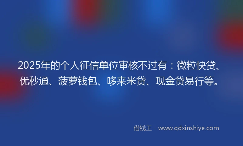 2025年的个人征信单位审核不过有：微粒快贷、优秒通、菠萝钱包、哆来米贷、现金贷易行等。