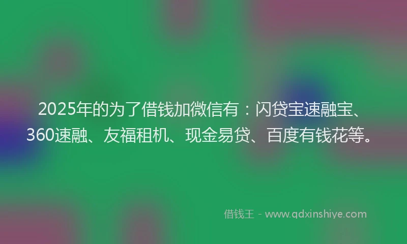 2025年的为了借钱加微信有：闪贷宝速融宝、360速融、友福租机、现金易贷、百度有钱花等。