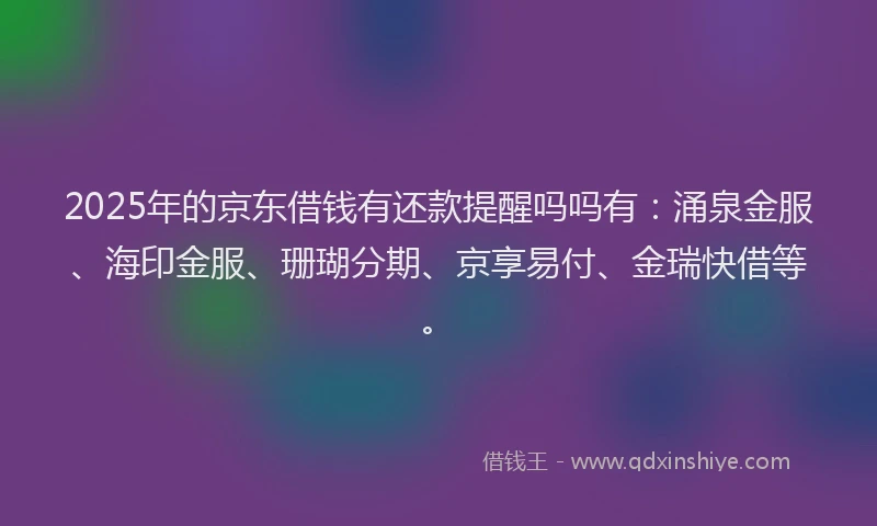 2025年的京东借钱有还款提醒吗吗有：涌泉金服、海印金服、珊瑚分期、京享易付、金瑞快借等。