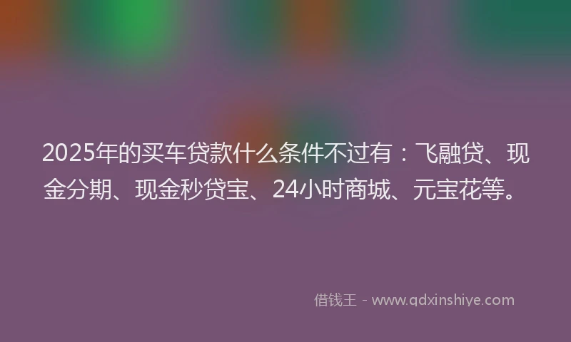 2025年的买车贷款什么条件不过有：飞融贷、现金分期、现金秒贷宝、24小时商城、元宝花等。
