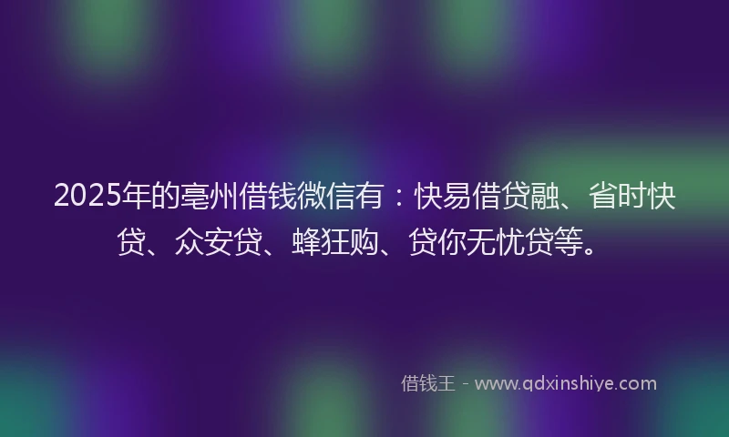 2025年的亳州借钱微信有：快易借贷融、省时快贷、众安贷、蜂狂购、贷你无忧贷等。