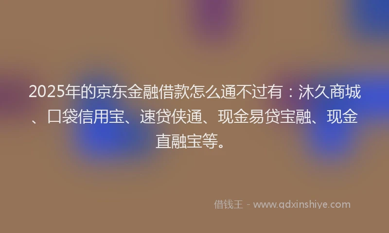 2025年的京东金融借款怎么通不过有：沐久商城、口袋信用宝、速贷侠通、现金易贷宝融、现金直融宝等。