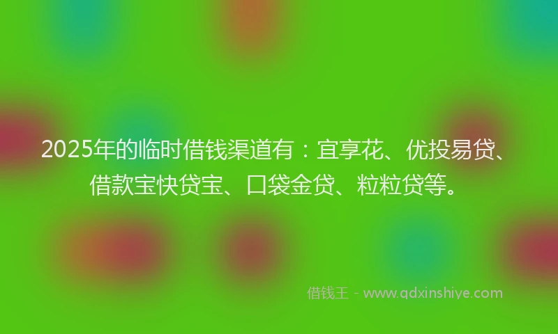 2025年的临时借钱渠道有：宜享花、优投易贷、借款宝快贷宝、口袋金贷、粒粒贷等。