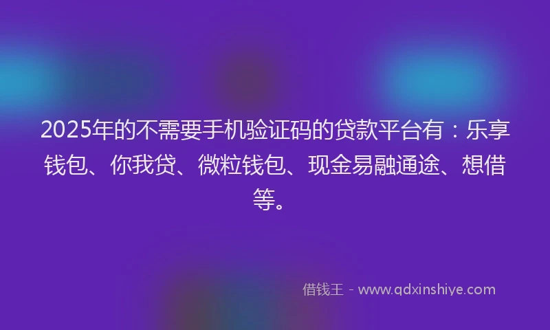 2025年的不需要手机验证码的贷款平台有：乐享钱包、你我贷、微粒钱包、现金易融通途、想借等。