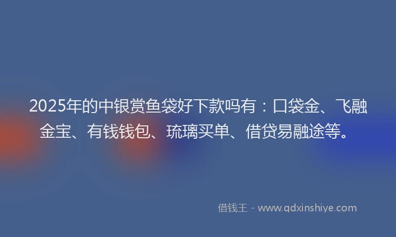 2025年的中银赏鱼袋好下款吗有：口袋金、飞融金宝、有钱钱包、琉璃买单、借贷易融途等。