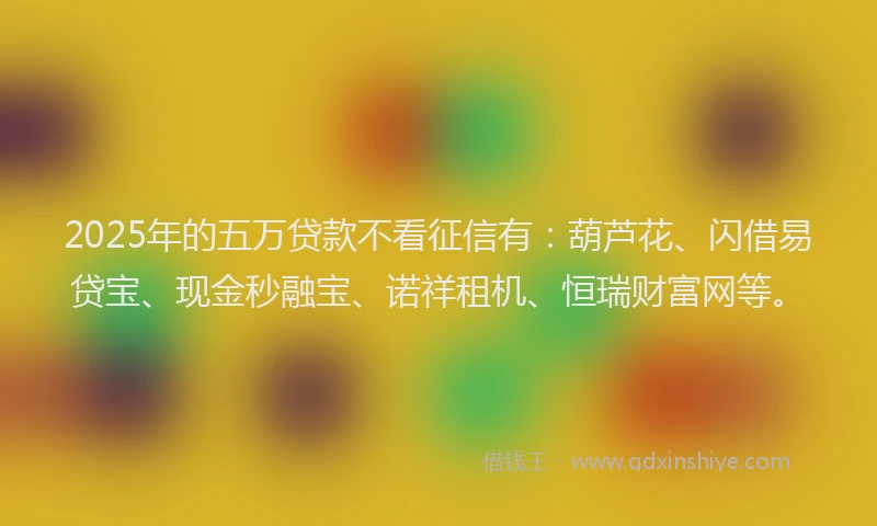 2025年的五万贷款不看征信有：葫芦花、闪借易贷宝、现金秒融宝、诺祥租机、恒瑞财富网等。