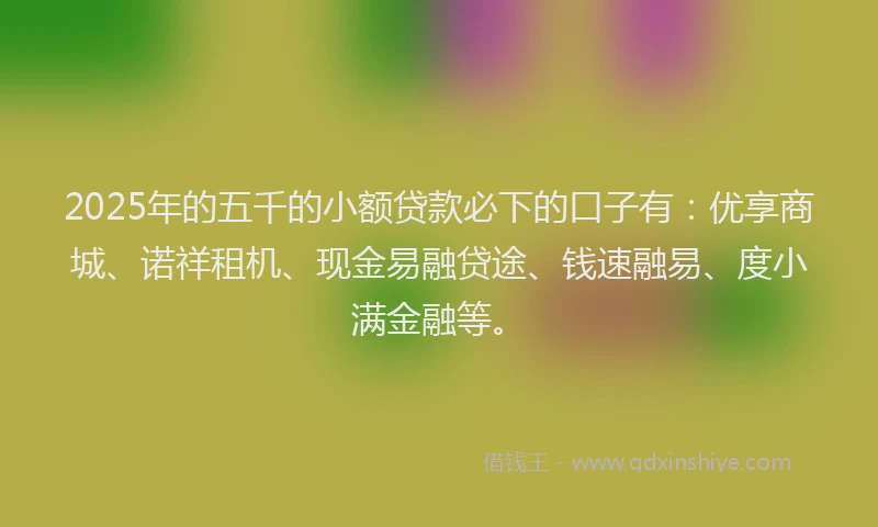 2025年的五千的小额贷款必下的口子有：优享商城、诺祥租机、现金易融贷途、钱速融易、度小满金融等。