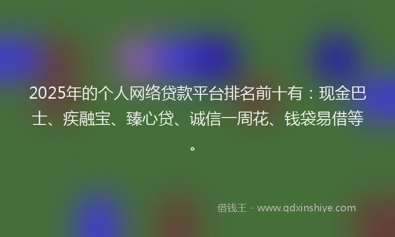 2025年的个人网络贷款平台排名前十有：现金巴士、疾融宝、臻心贷、诚信一周花、钱袋易借等。