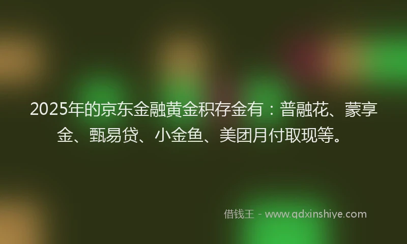 2025年的京东金融黄金积存金有：普融花、蒙享金、甄易贷、小金鱼、美团月付取现等。
