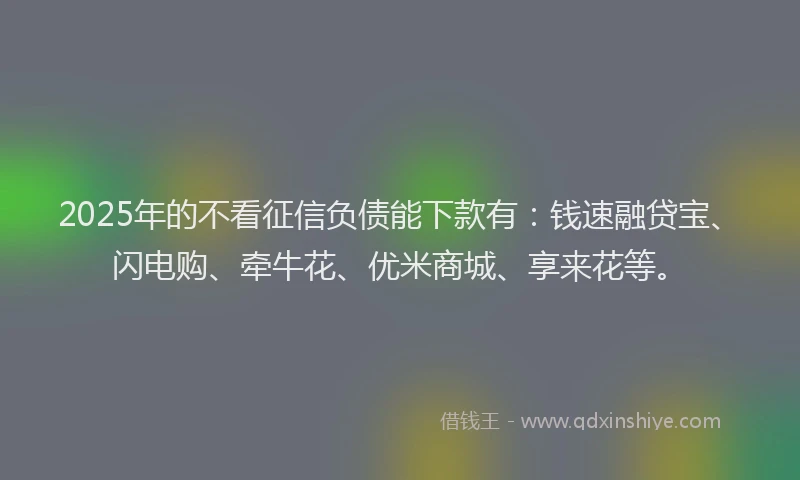 2025年的不看征信负债能下款有：钱速融贷宝、闪电购、牵牛花、优米商城、享来花等。