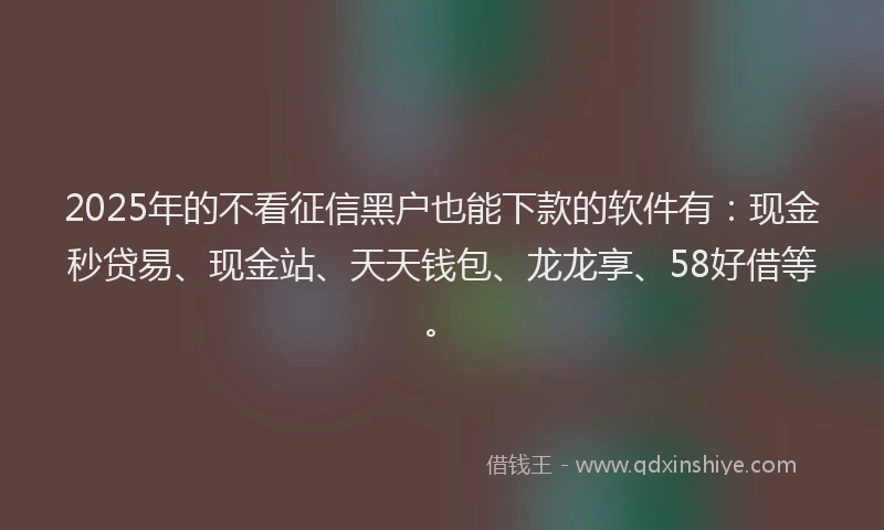 2025年的不看征信黑户也能下款的软件有：现金秒贷易、现金站、天天钱包、龙龙享、58好借等。