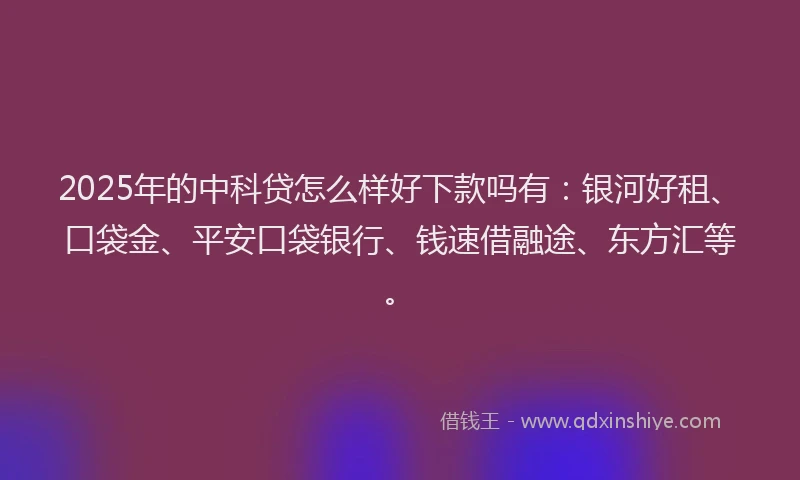 2025年的中科贷怎么样好下款吗有：银河好租、口袋金、平安口袋银行、钱速借融途、东方汇等。