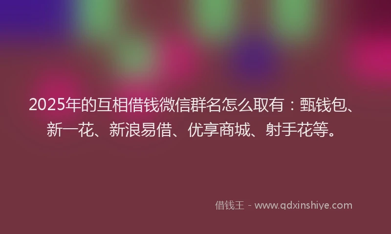 2025年的互相借钱微信群名怎么取有：甄钱包、新一花、新浪易借、优享商城、射手花等。