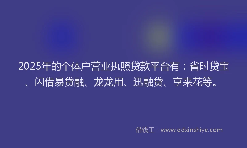 2025年的个体户营业执照贷款平台有：省时贷宝、闪借易贷融、龙龙用、迅融贷、享来花等。