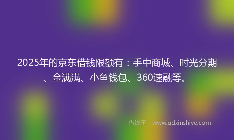 2025年的京东借钱限额有：手中商城、时光分期、金满满、小鱼钱包、360速融等。